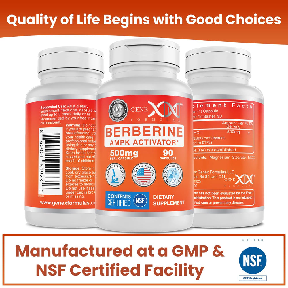 Genex Berberine HCl 500mg bottle open with capsules visible for daily use
