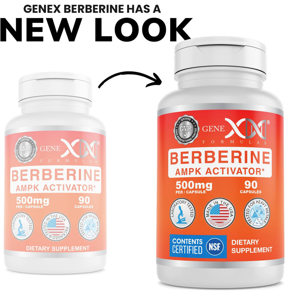 Genex Berberine HCl 500mg bottle side label showing non-GMO and gluten-free notes