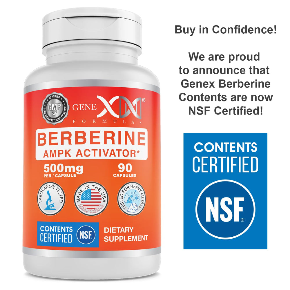 Genex Berberine HCl 500mg capsules close-up emphasizing 500mg dose per capsule