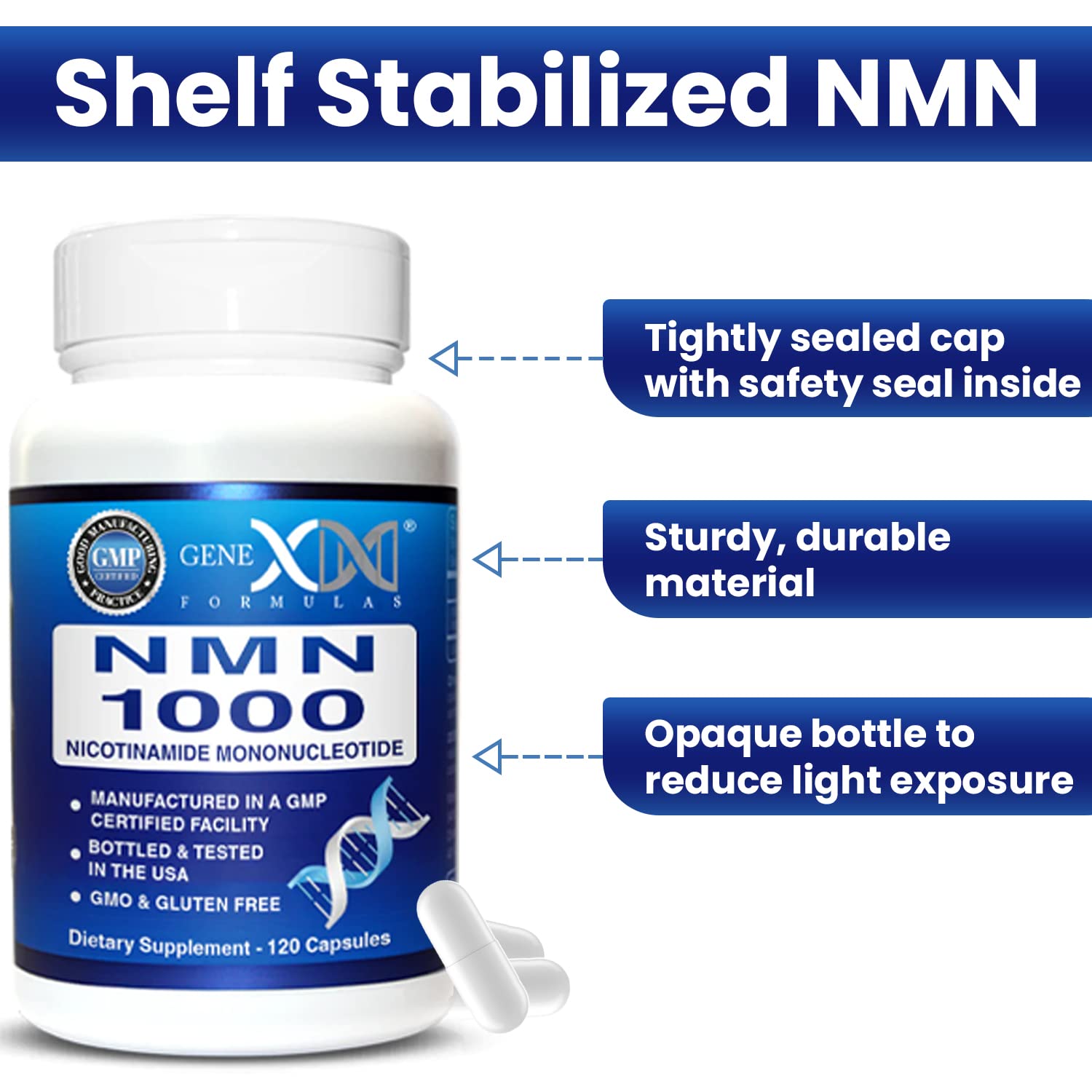 Genex NMN 1000mg lab testing image indicating GMP and NSF certification.