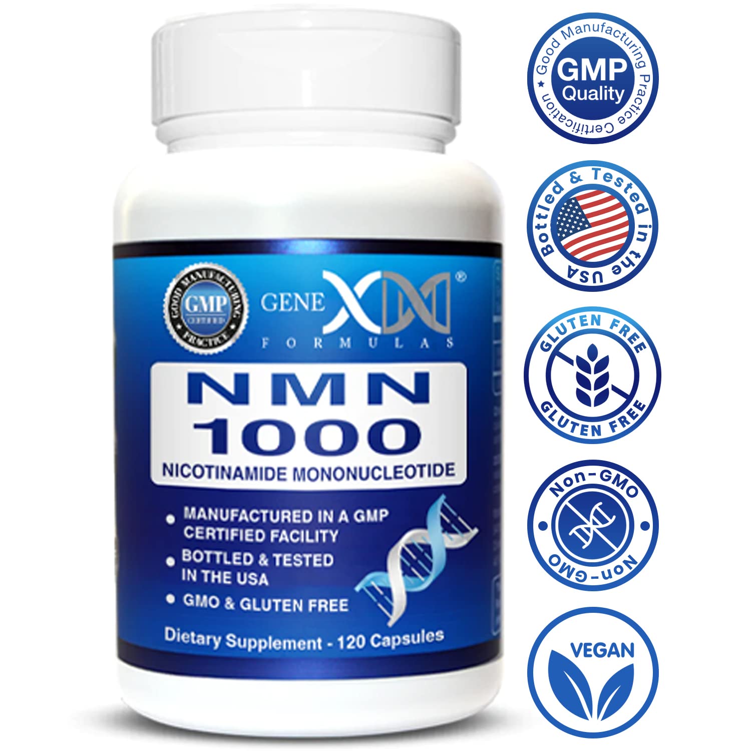 Genex NMN 1000mg bottle label closeup showing Non-GMO and vegan symbols.