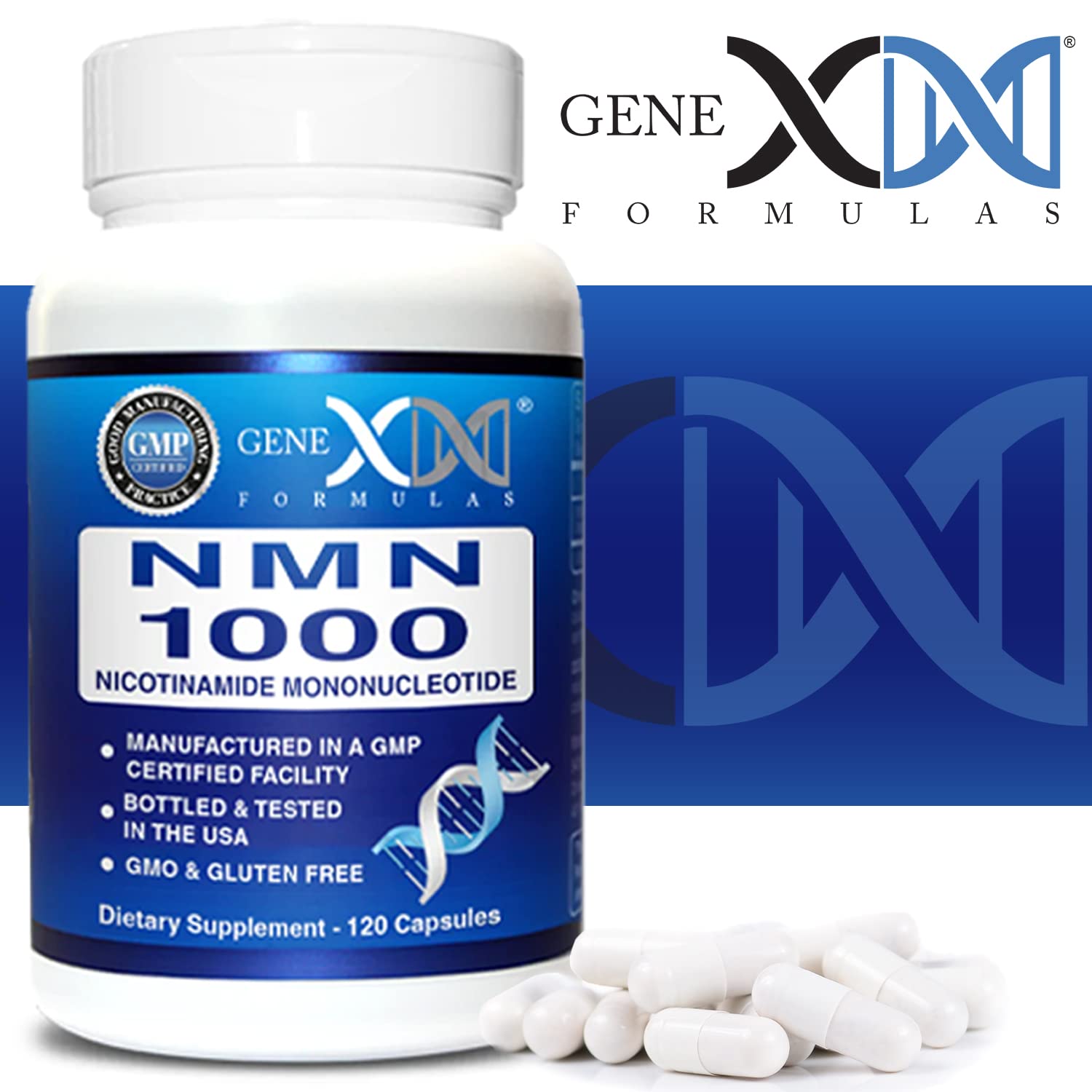 Genex NMN 1000mg bottle in a kitchen setup suggesting easy daily routine.