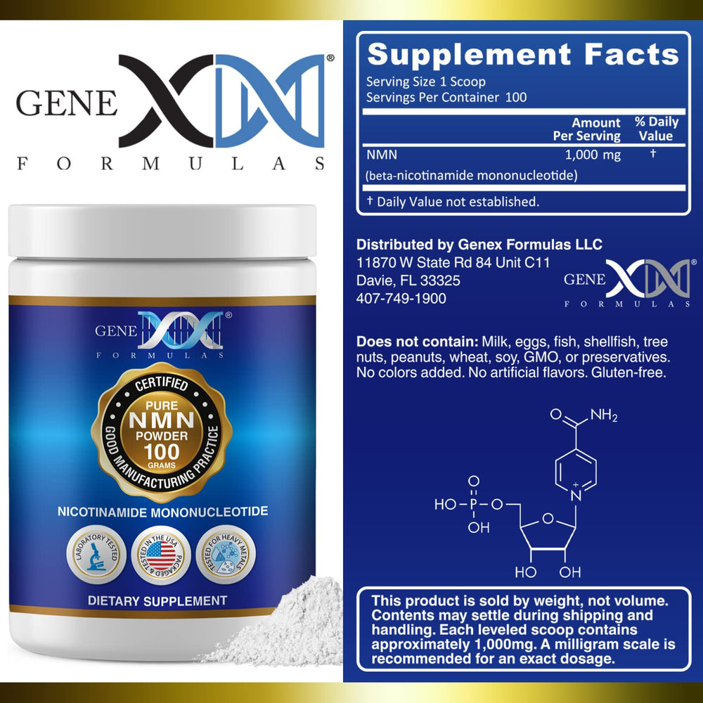 Genex NMN powder jar back displays COA availability for transparency