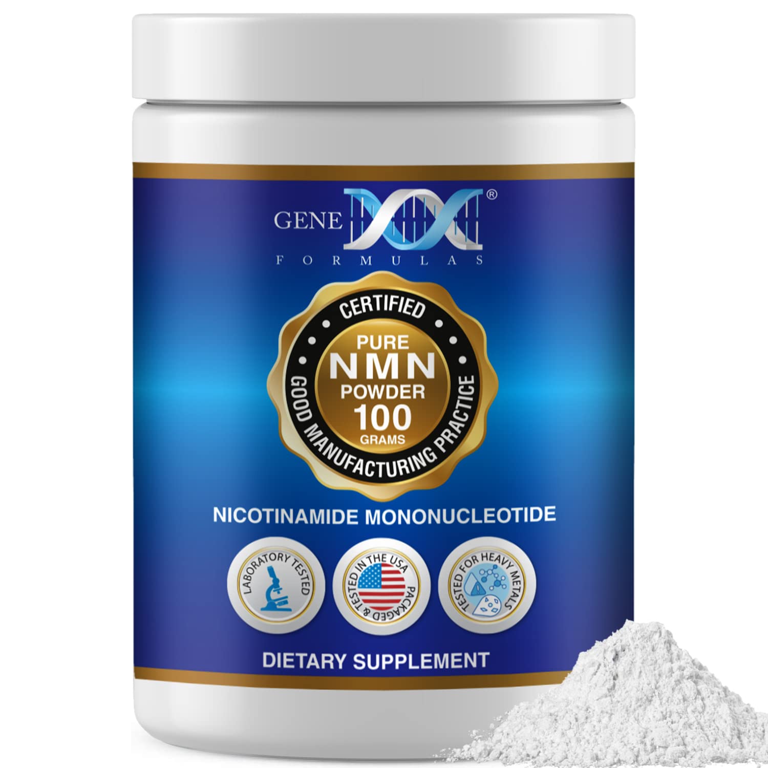 Genex Formulas NMN powder jar front view for easy daily supplementation