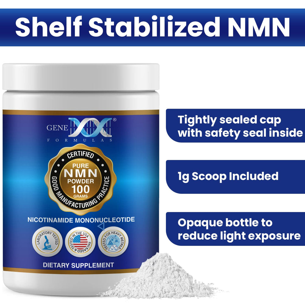 Genex NMN powder label highlights Non-GMO, gluten-free, vegan formula