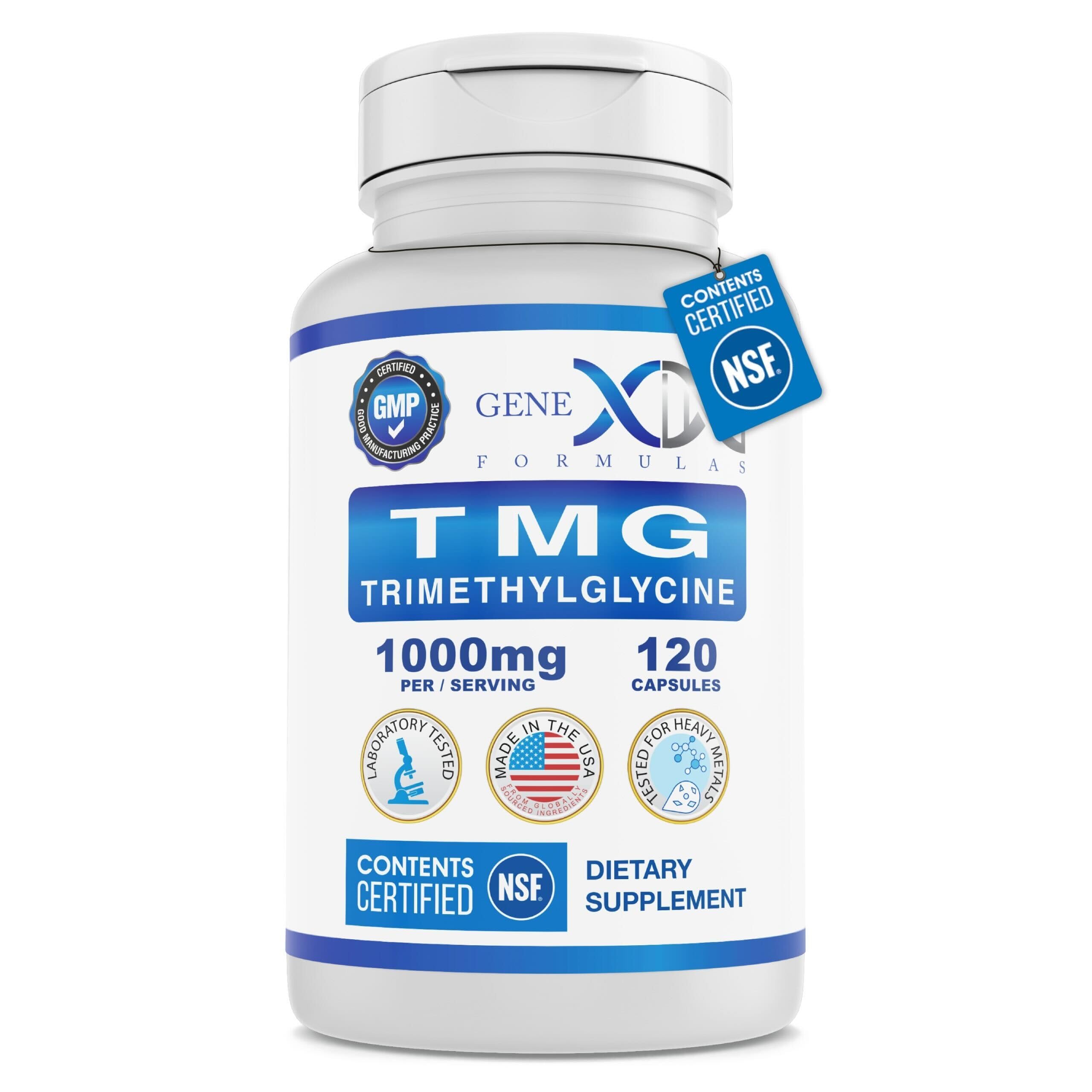 Genex TMG bottle front view showing clear dosage options for easy planning.
