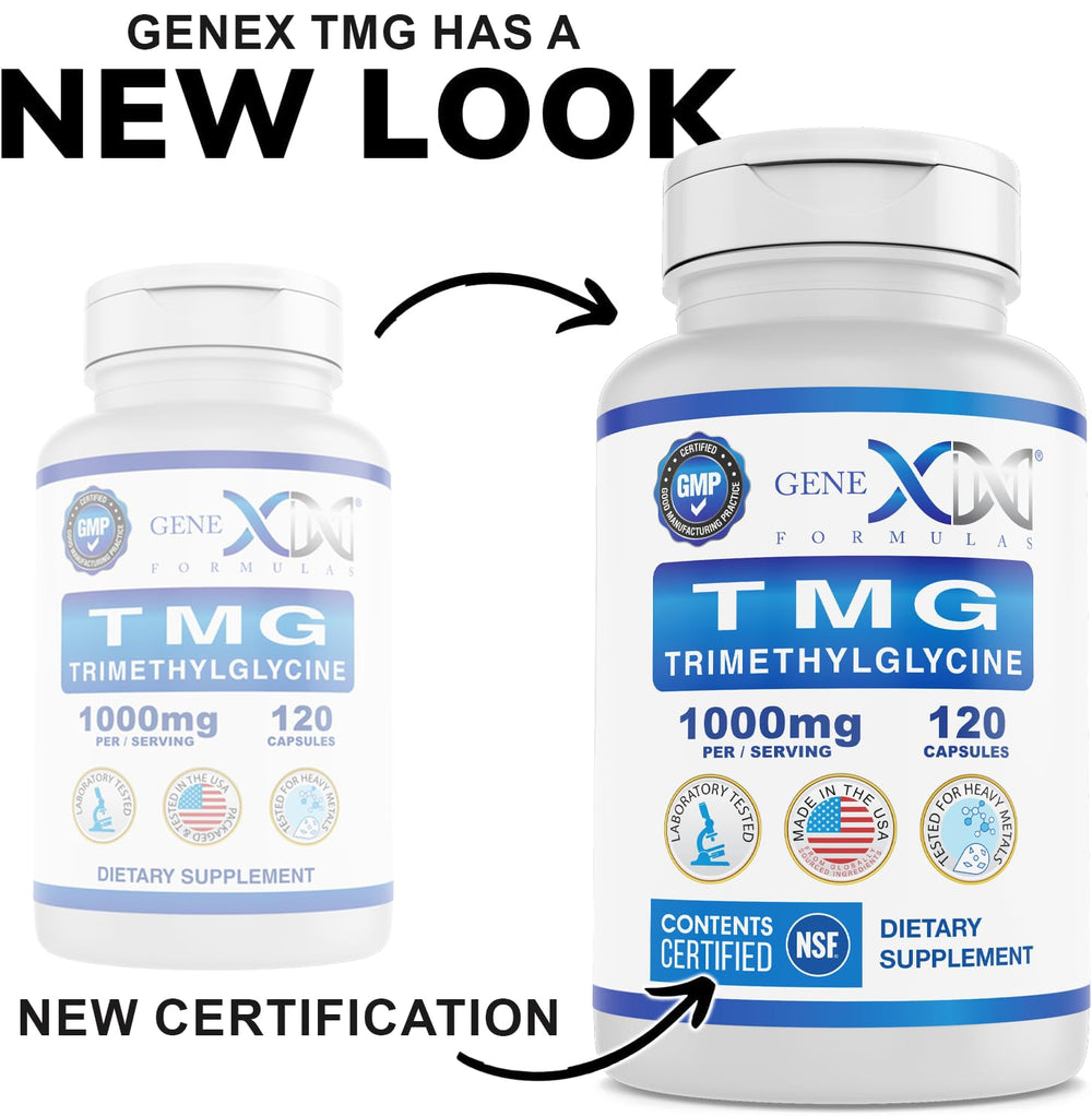 Genex TMG bottle label close-up highlighting gluten-free and vegan-friendly formulation.