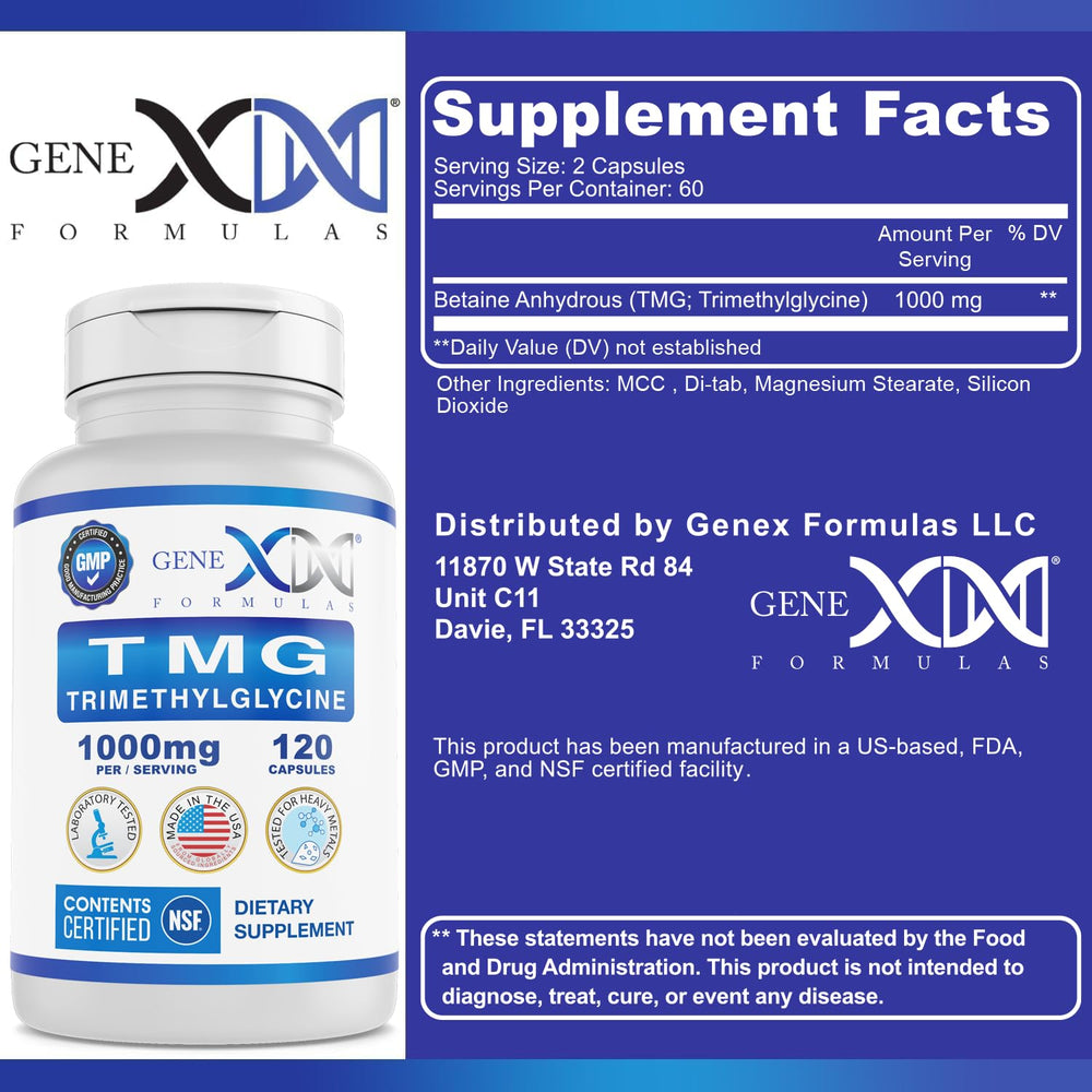 Genex TMG capsules inside bottle illustrating 500mg and 1000mg options.