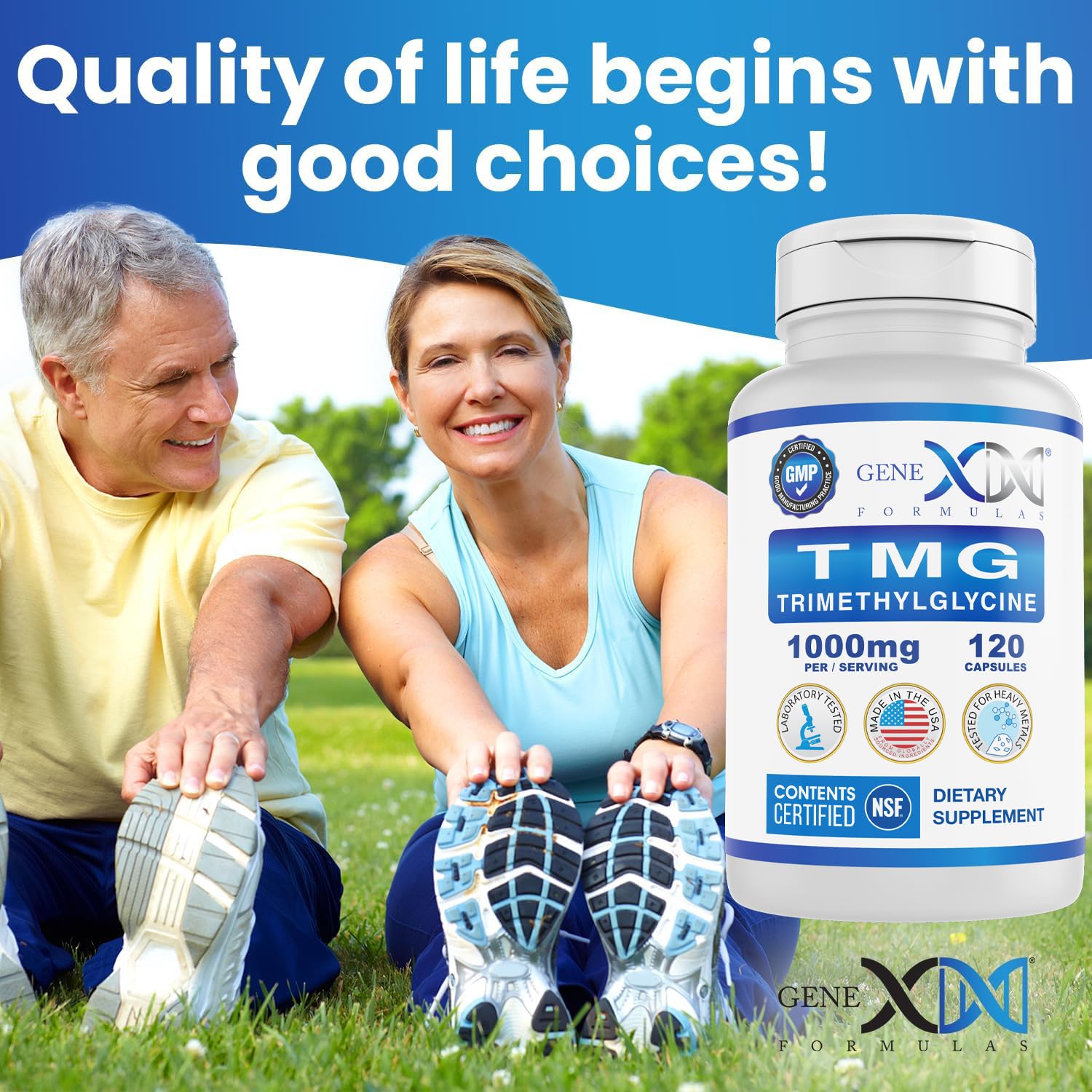 Genex TMG packaging displays gluten-free and non-GMO icons for dietary compatibility.