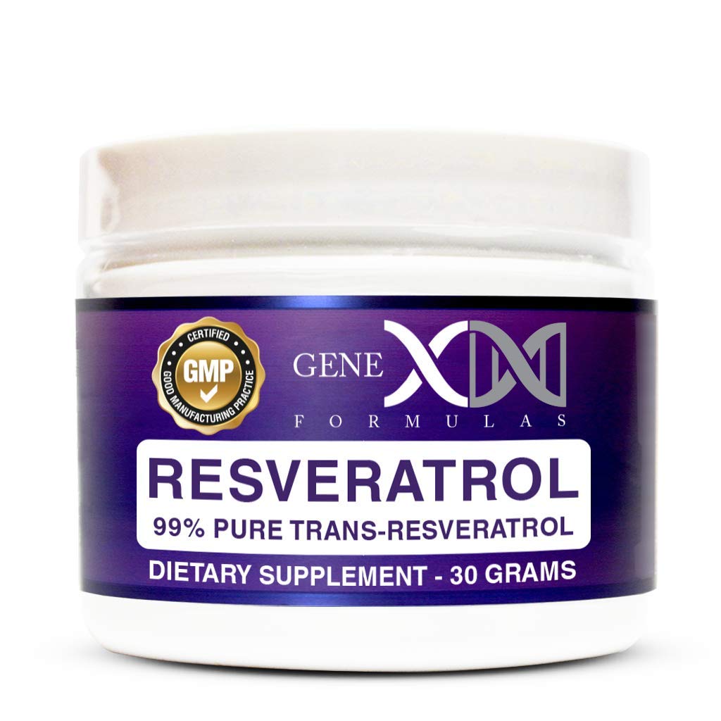 Genex Trans Resveratrol powder bottle showing 99% purity for premium quality