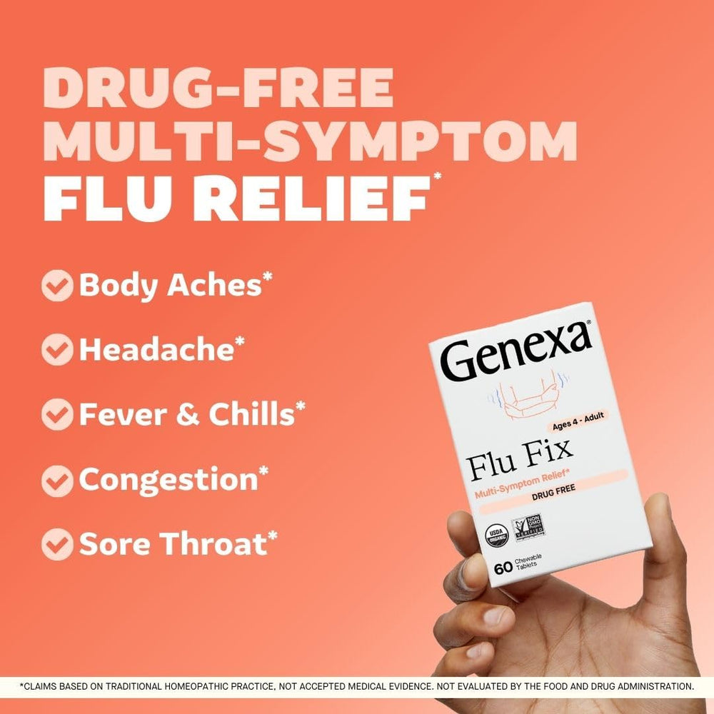 Genexa Flu Fix 60-tablet bottle for convenient on-the-go flu support.