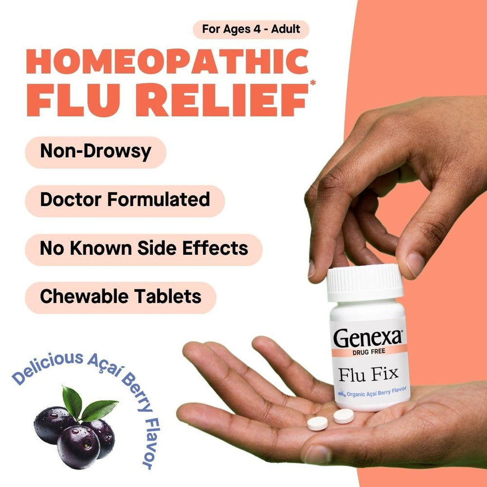 Genexa Flu Fix child-friendly tablets suitable for ages 4+.