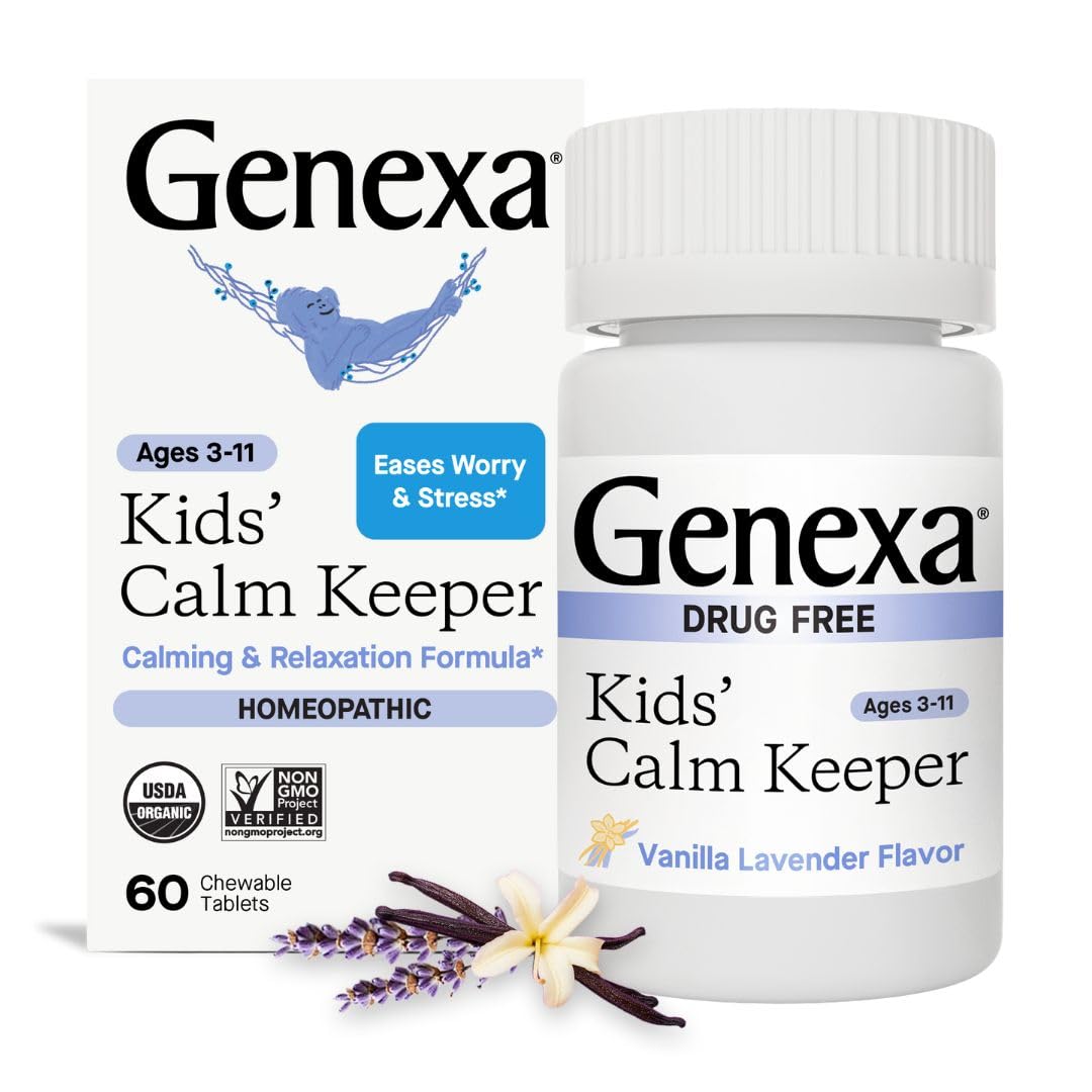 Genexa Kids Calm Keeper bottle shows natural packaging offering calm for children.