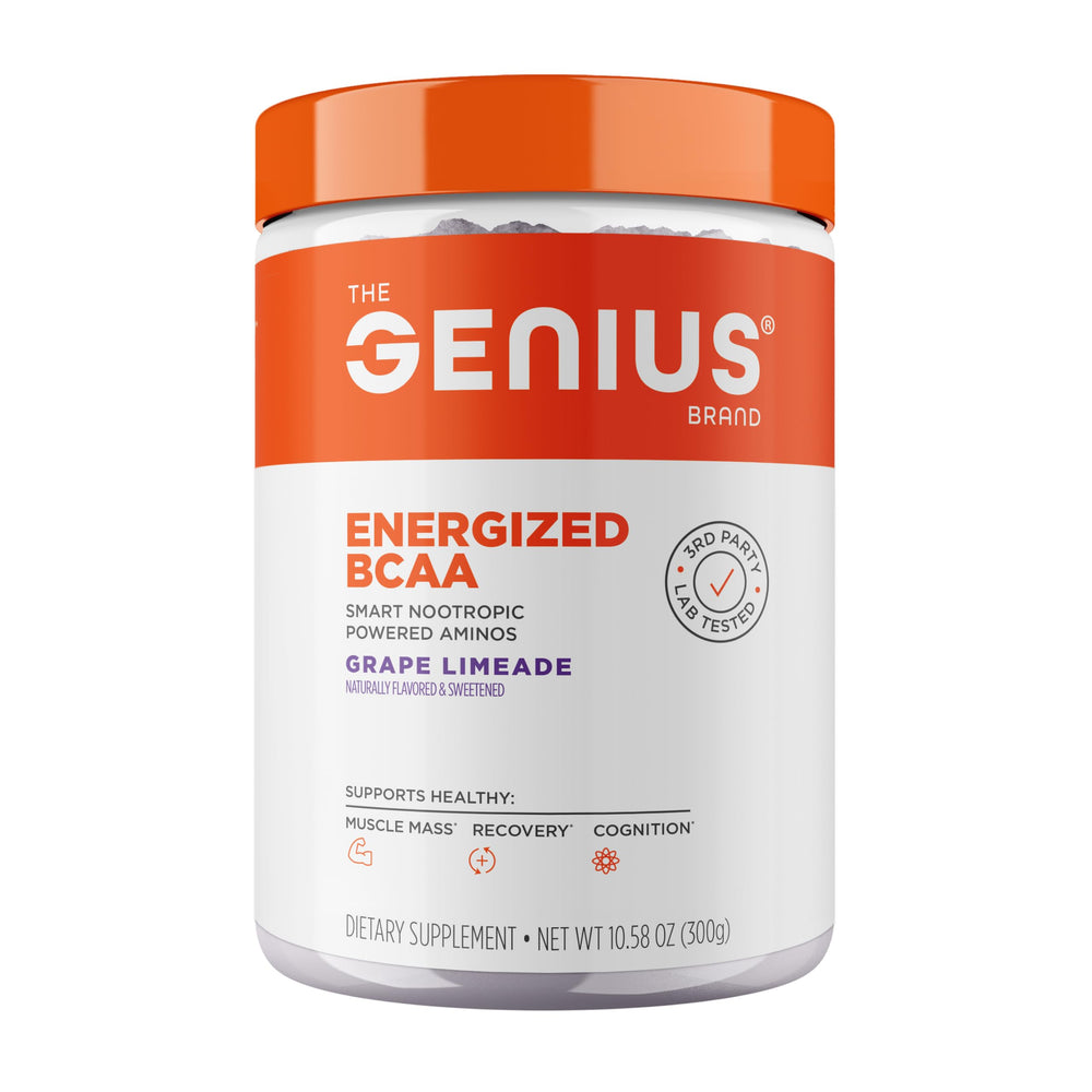 Genius BCAA Powder bottle with grape limeade flavor, ideal for post-workout recovery