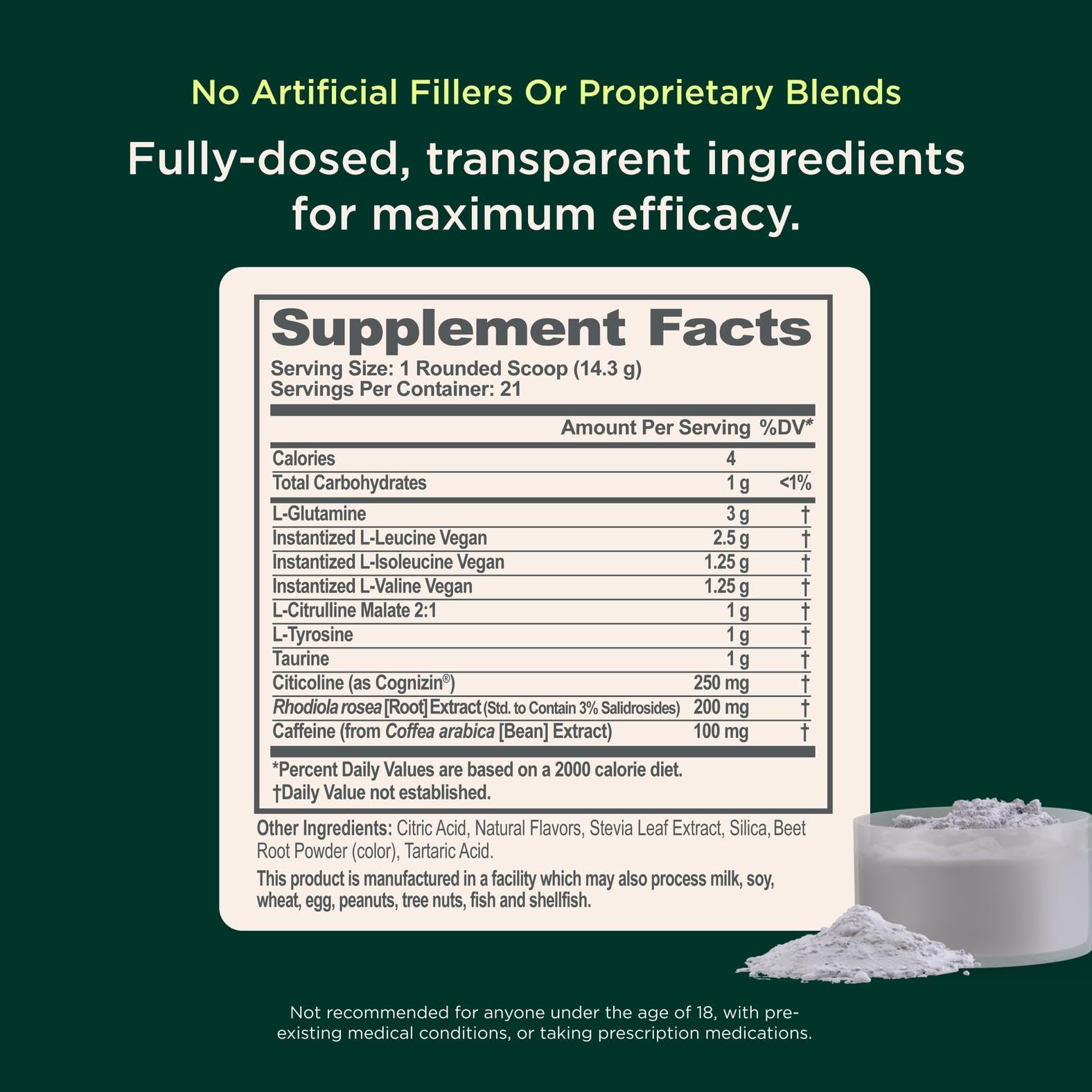 Genius BCAA Powder Rhodiola near bottle to support calm performance