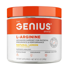 Genius L-Arginine powder bottle shows vegan nitric oxide support