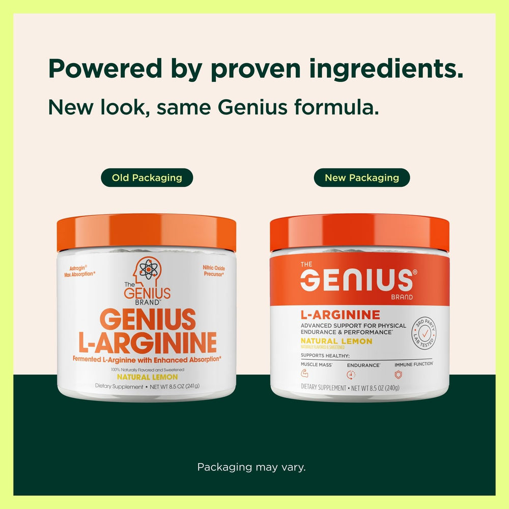 Scoop of Genius L-Arginine powder ready to mix before a workout