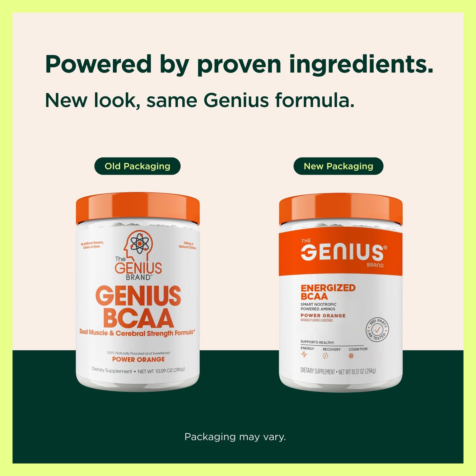 The Genius Brand Genius BCAA Powder label closeup highlights caffeinated pre-workout support