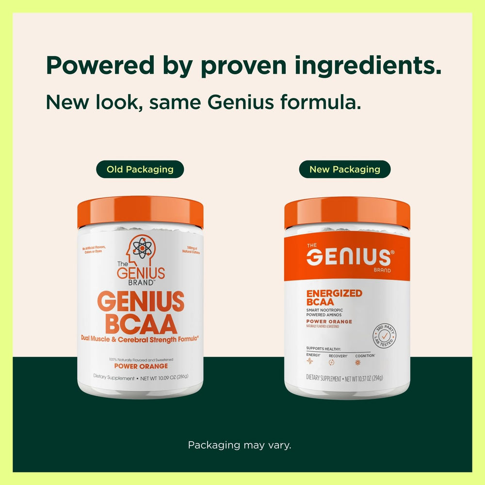 The Genius Brand Genius BCAA Powder label closeup highlights caffeinated pre-workout support