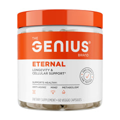 The Genius Eternal bottle front view shows premium packaging for daily vitality