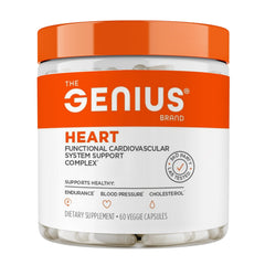 The Genius Brand Genius Heart bottle close-up shows vegan capsules for daily heart health.