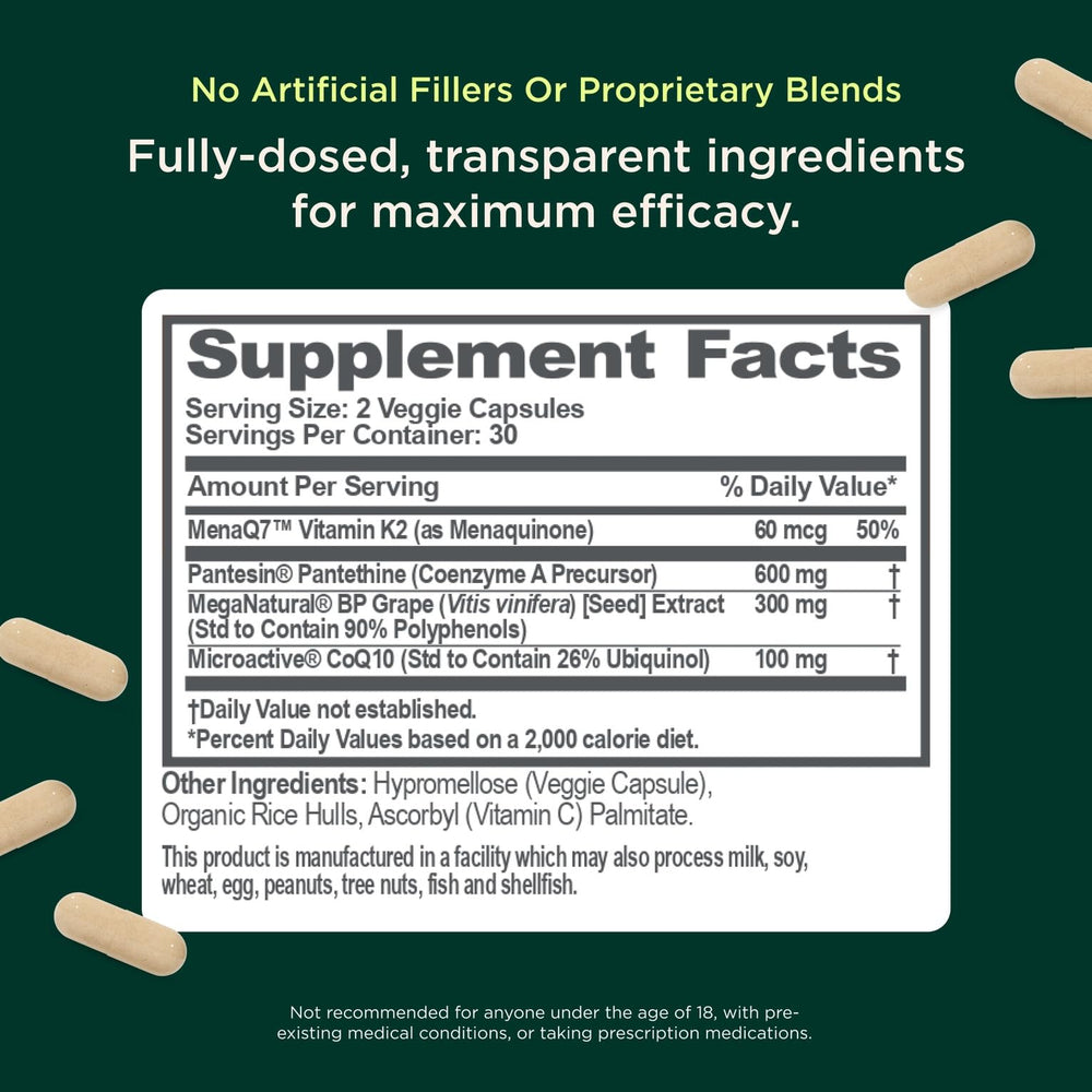 Genius Heart grape seed extract capsule showcases premium ingredients for daily vitality.