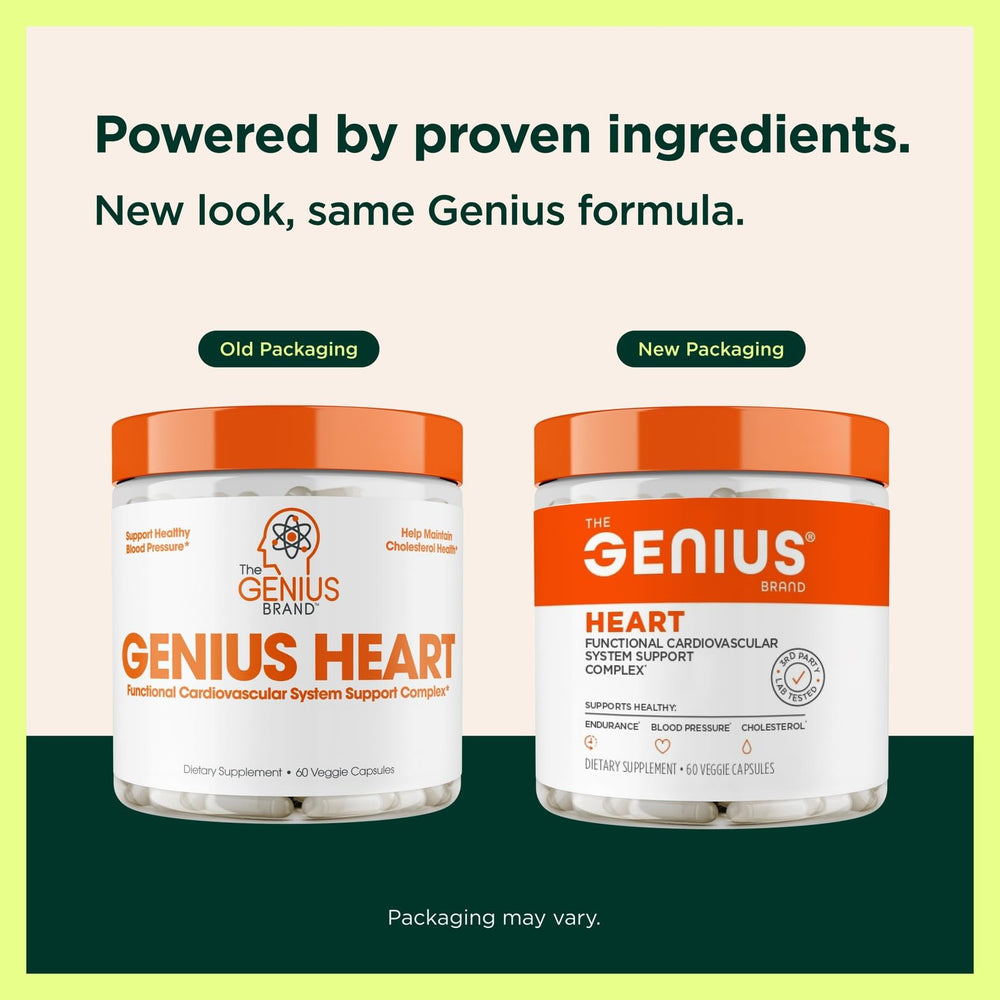 Genius Heart pills inside packaging highlight gluten-free, non-GMO composition for everyday use.