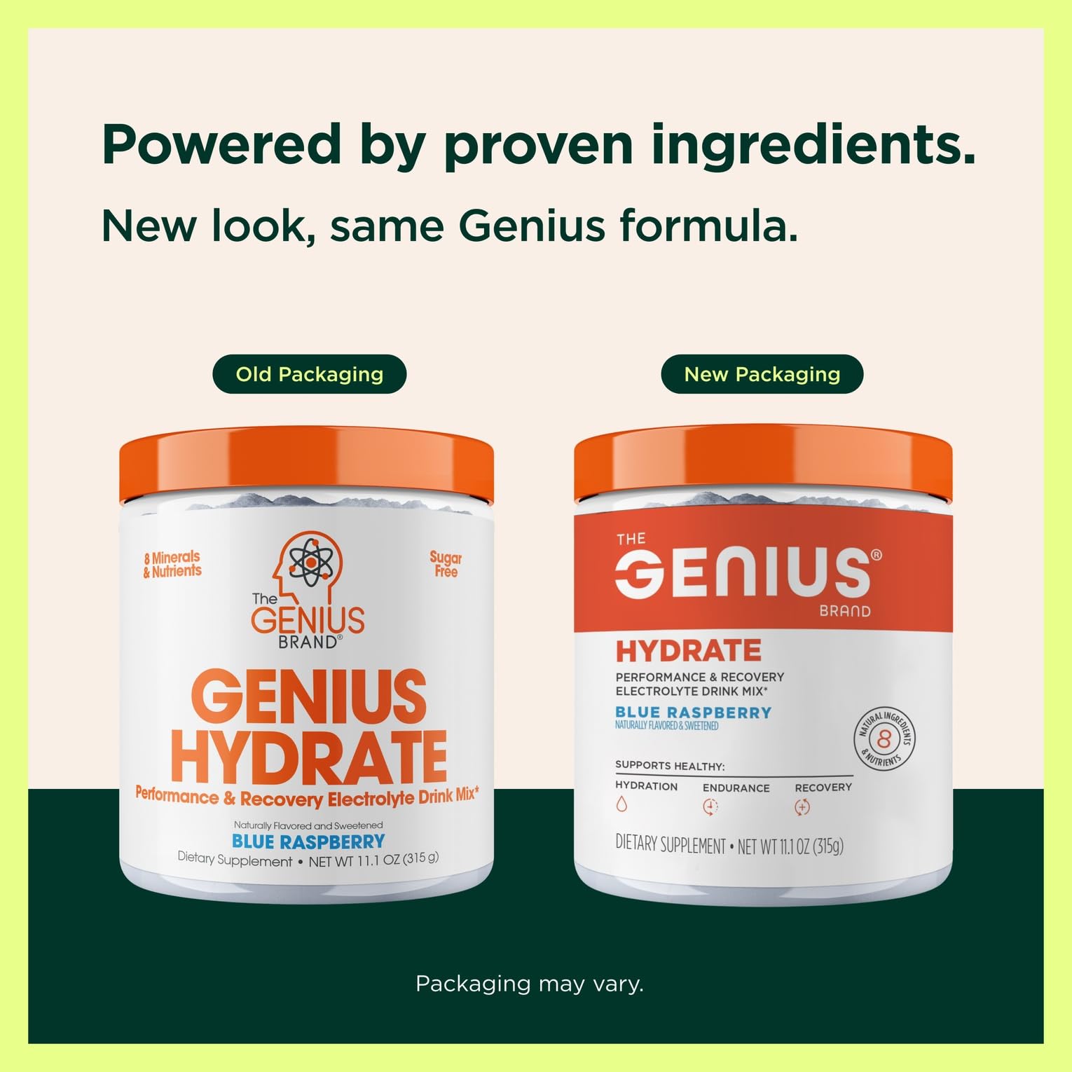 Blue raspberry tub beside a prepared drink for daily hydration with Genius Hydrate.