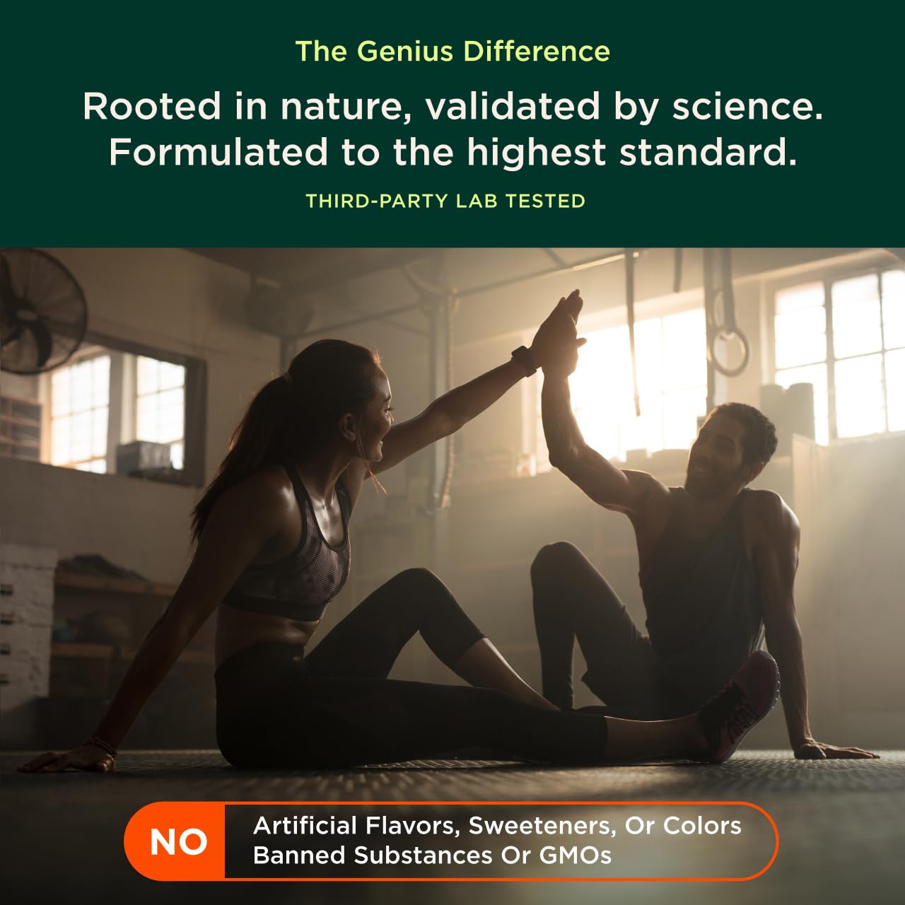 Ingredient illustration conveys keto, paleo, vegan-friendly formulation for Genius Mushrooms.