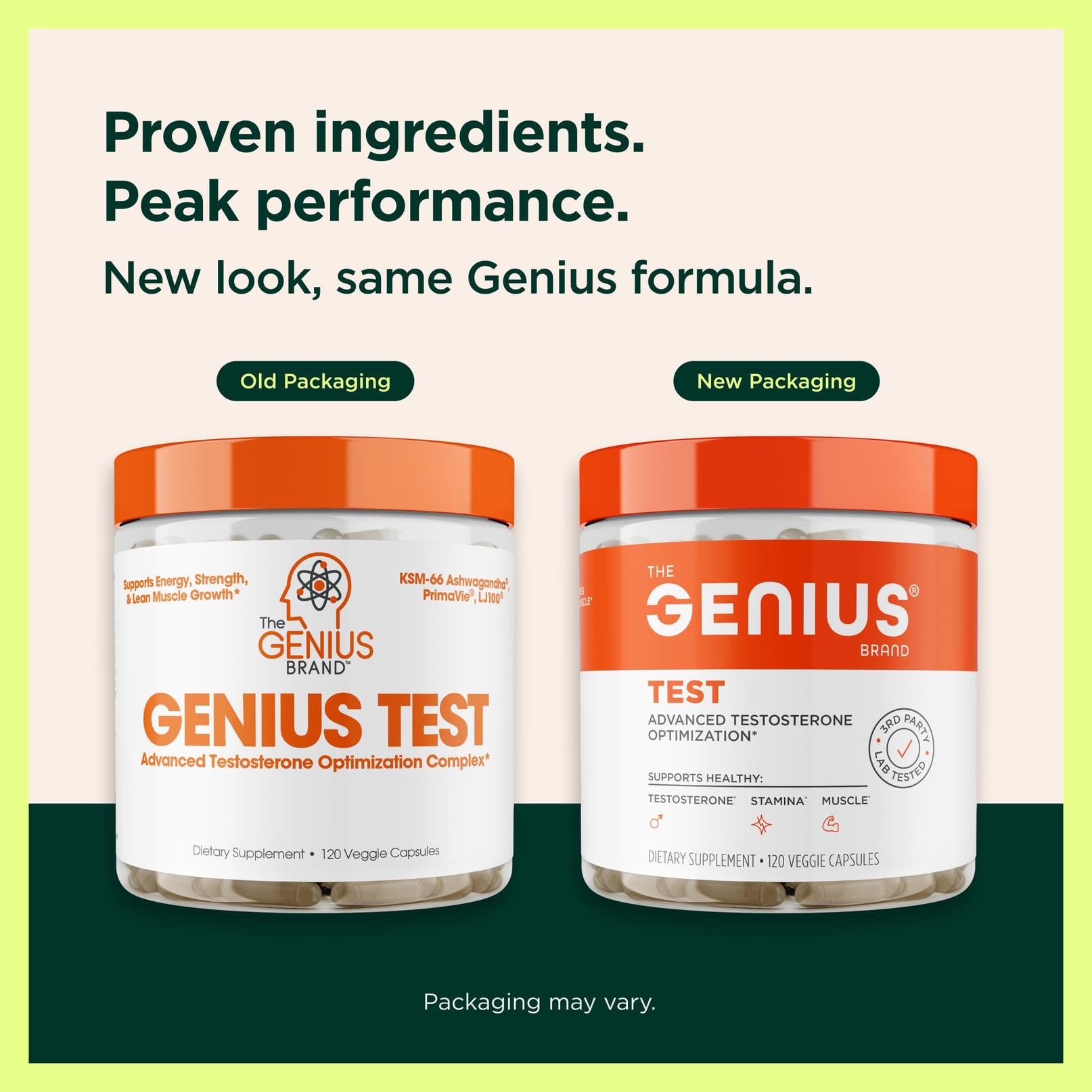 The Genius Brand Genius Test bottle back shows supplement facts and quality details.