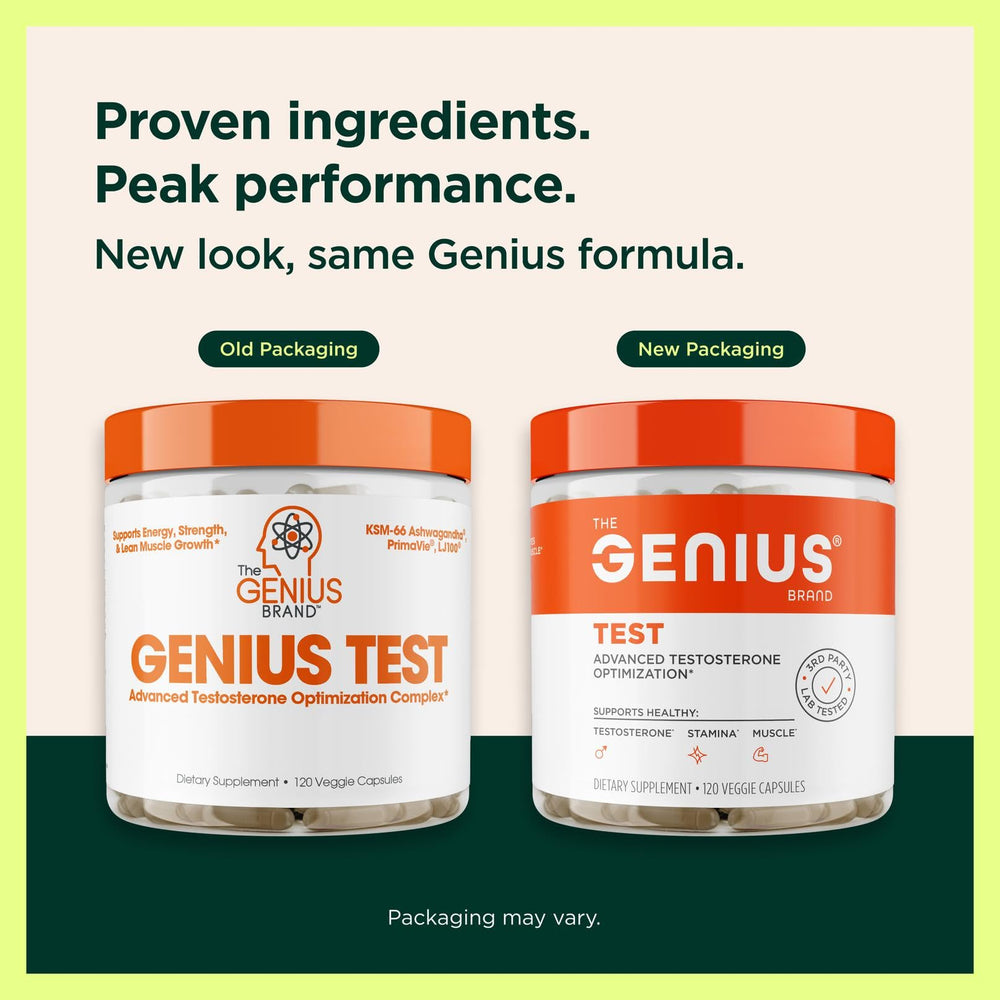 The Genius Brand Genius Test bottle back shows supplement facts and quality details.