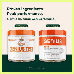 The Genius Brand Genius Test bottle back shows supplement facts and quality details.