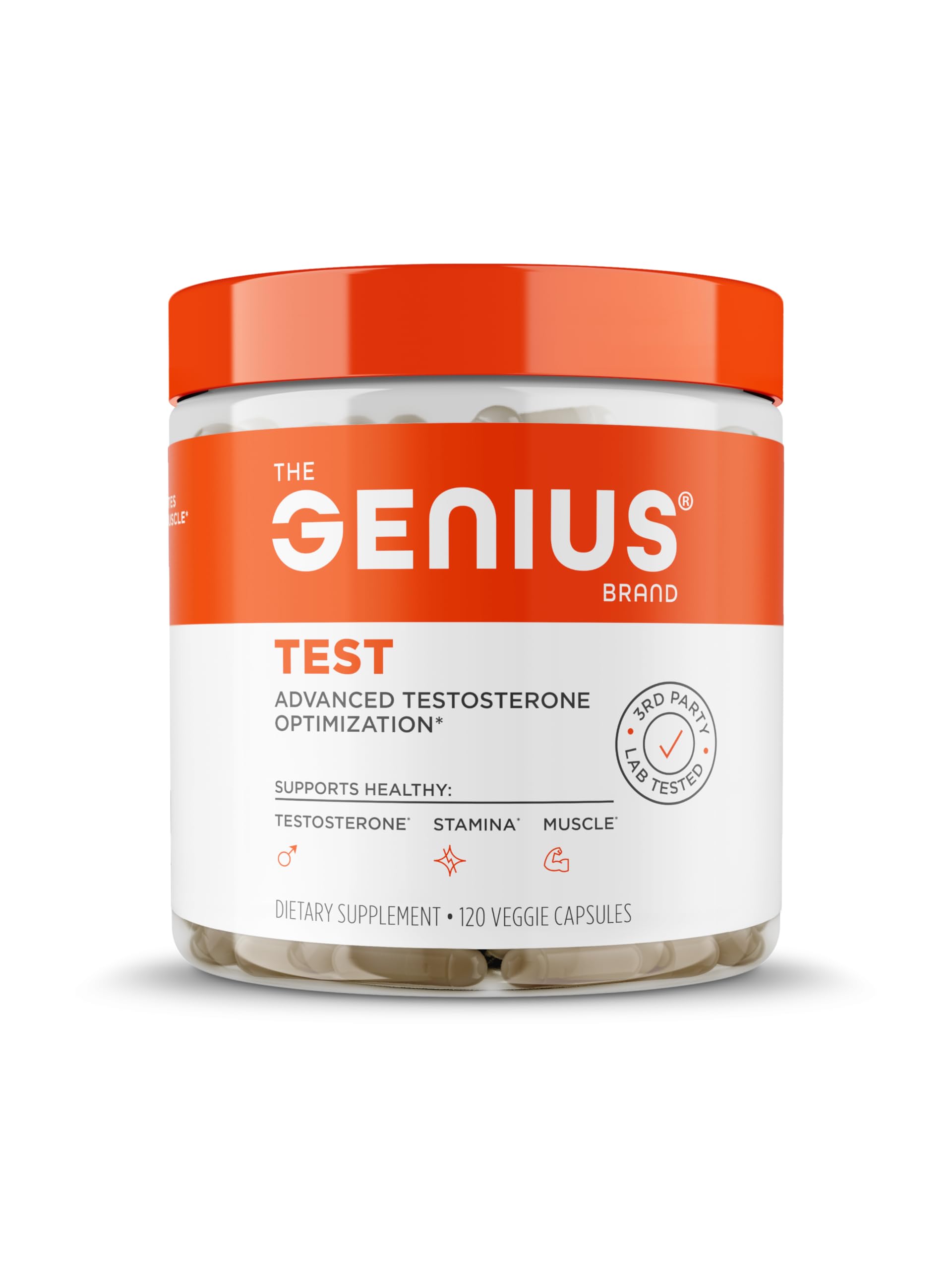 The Genius Brand Genius Test bottle front view highlights daily vitality support potential.