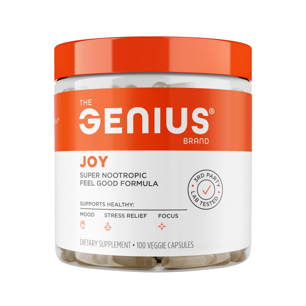 Genius Joy bottle front with capsules for daily mood balance