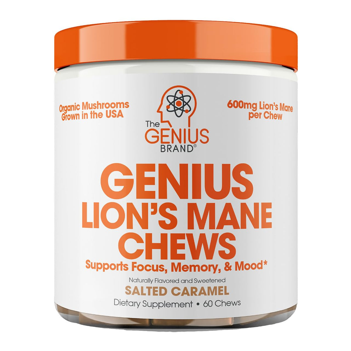 The Genius Brand Lion's Mane Soft Chews bottle aids focused work and steady energy.
