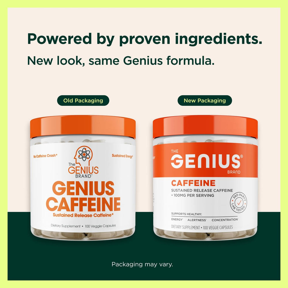 Genius Caffeine capsules closeup highlighting microencapsulation for smooth release.