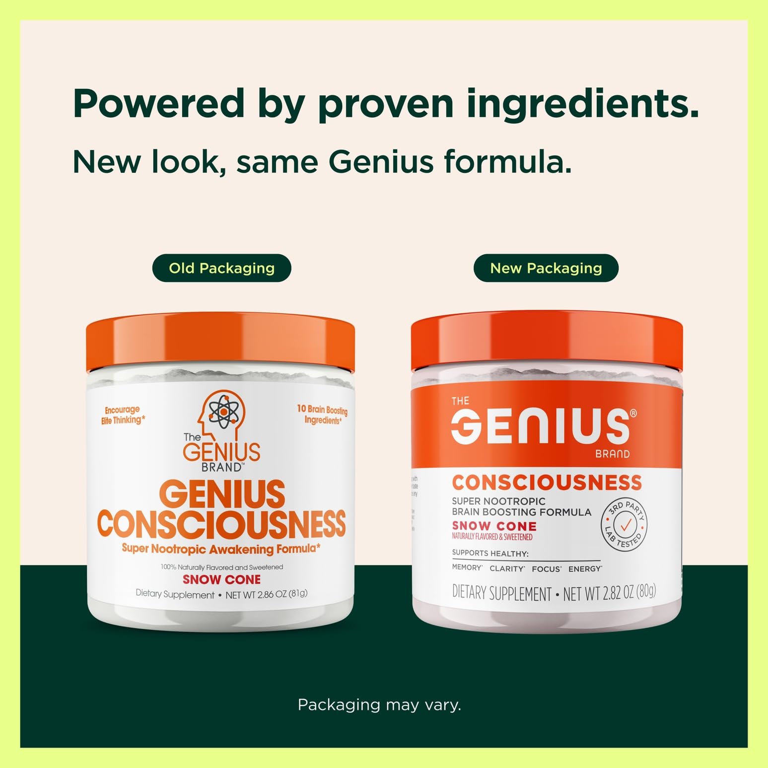 Genius Consciousness label closeup highlights premium nootropics and quality.