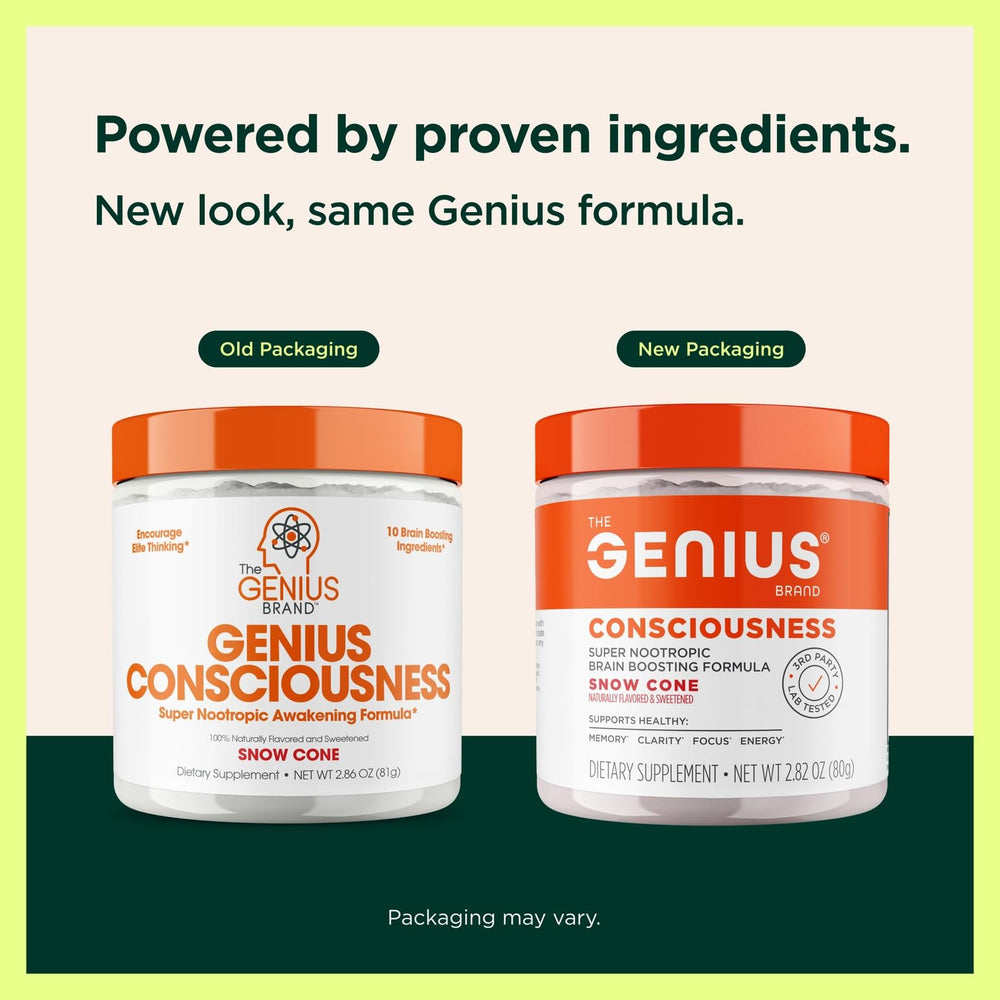 Genius Consciousness label closeup highlights premium nootropics and quality.