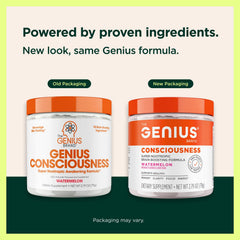 Closeup of Genius Consciousness label highlighting ingredients and transparency