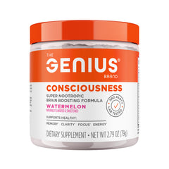Genius Consciousness powder container shown on a clean desk for focus and routine use