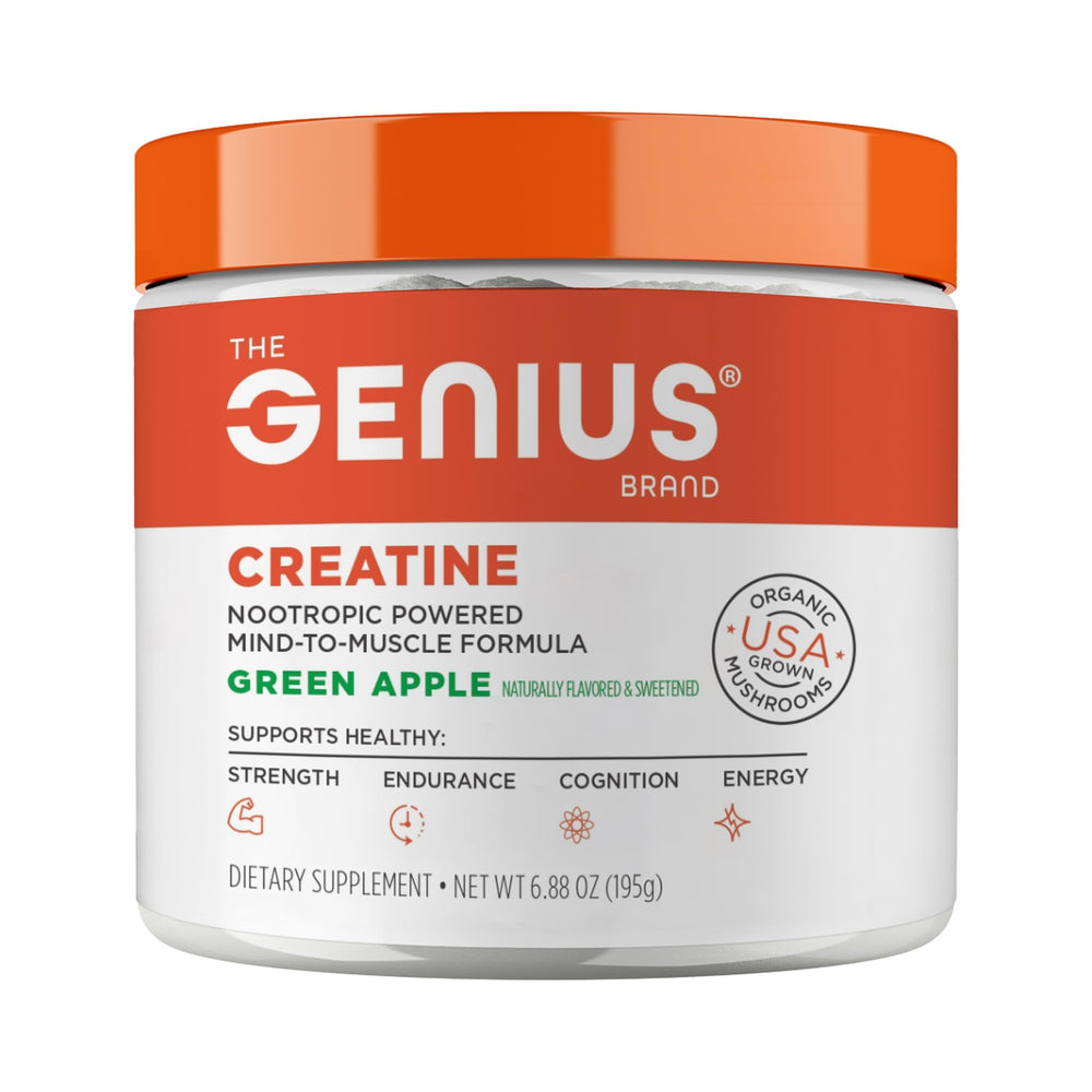 Genius Micronized Creatine bottle closeup for post-workout recovery and muscle support.