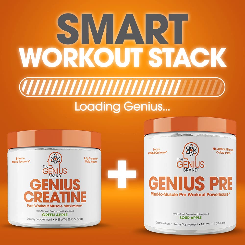 Genius Micronized Creatine on kitchen counter supports daily supplement routine.