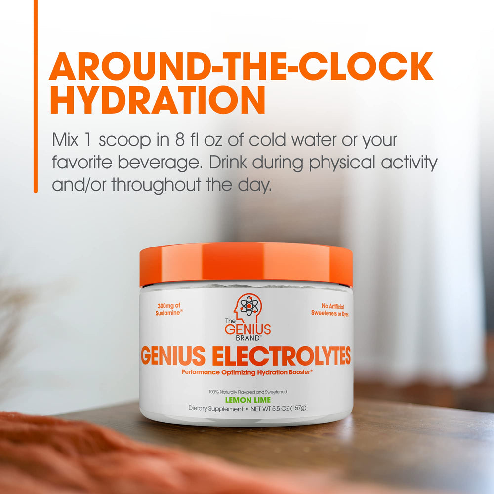 Genius Electrolytes lemon lime product image conveys endurance support for workouts and travel