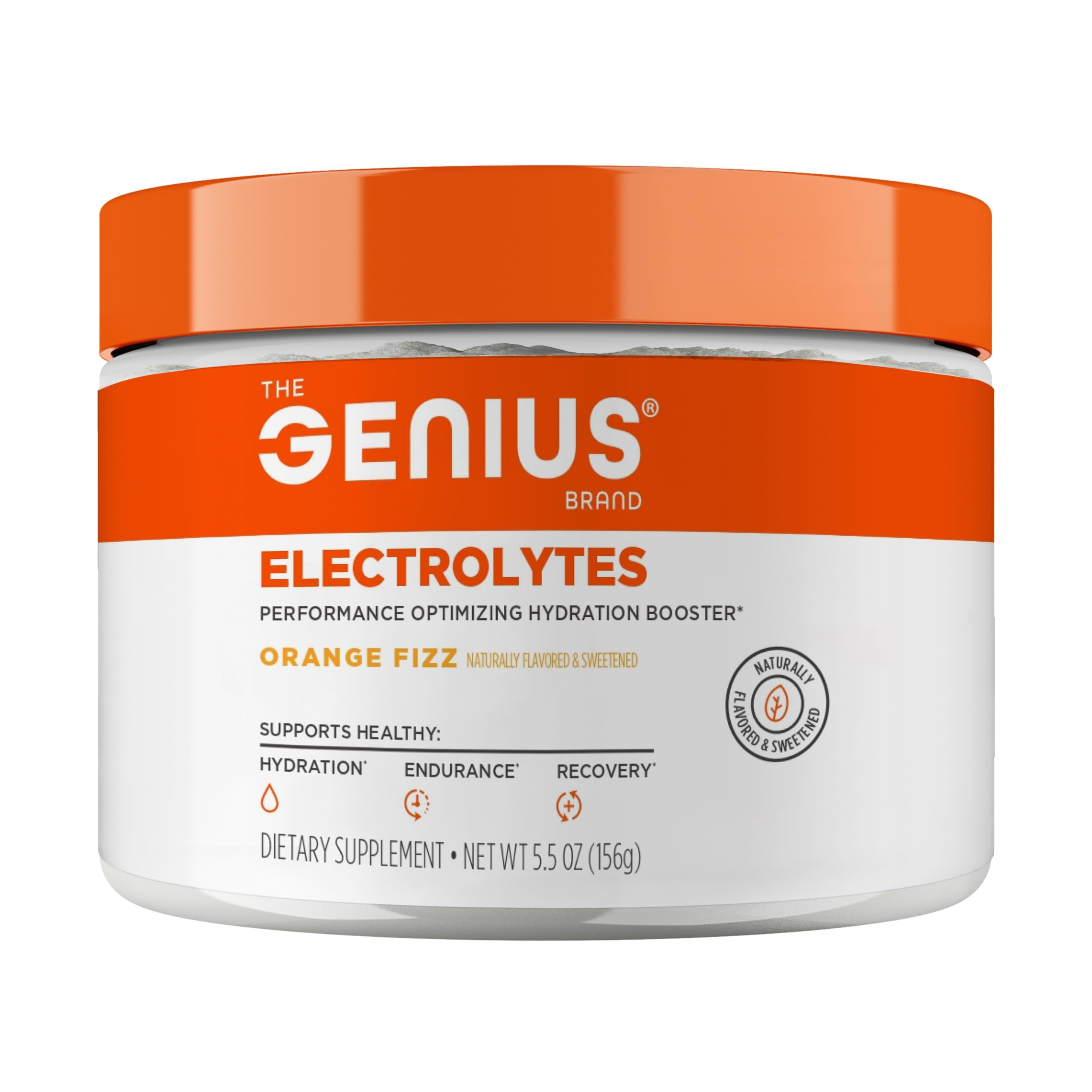 The Genius Brand Electrolytes Orange Fizz tub closeup showing mineral hydration for active days.