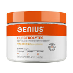 The Genius Brand Electrolytes Orange Fizz tub closeup showing mineral hydration for active days.