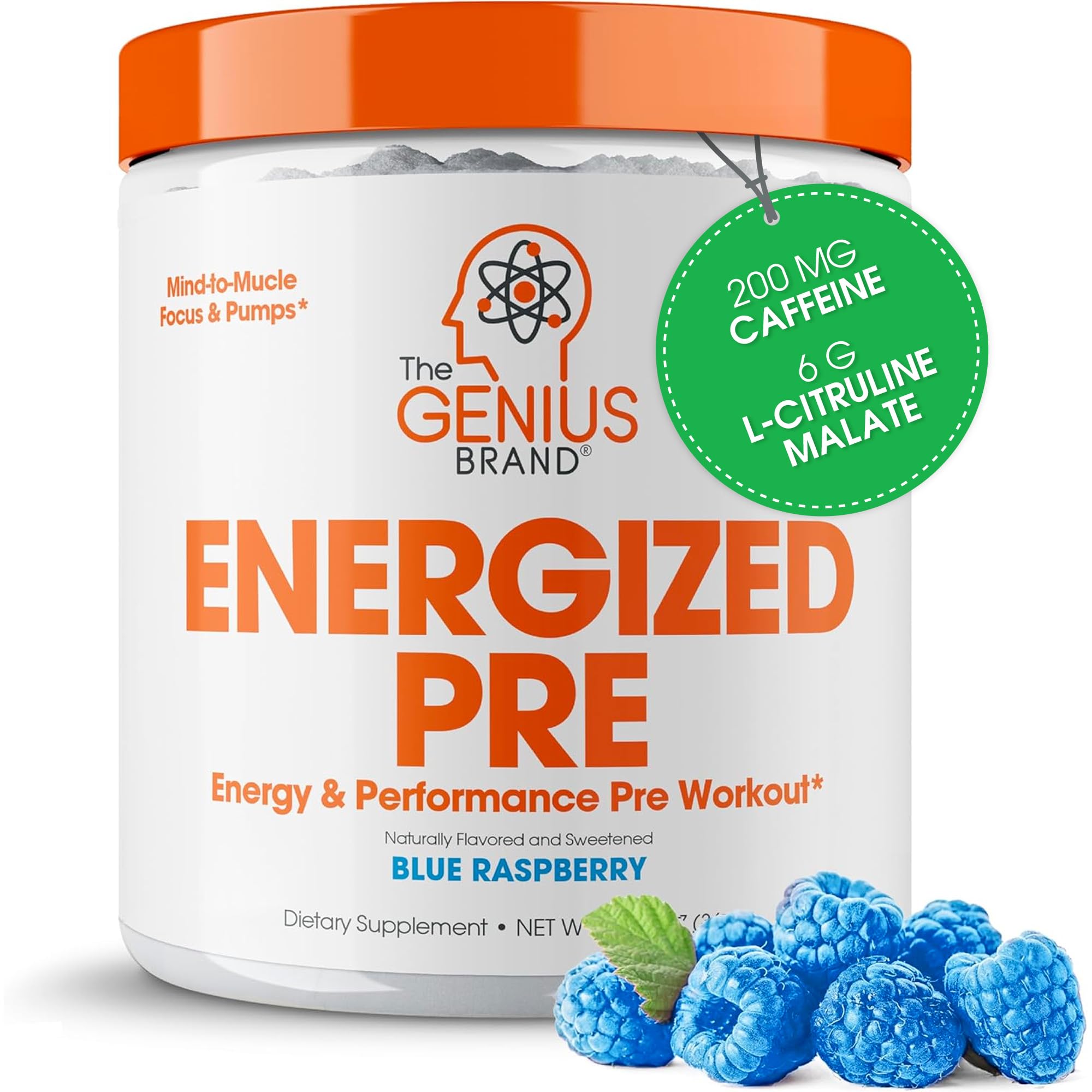 Genius Energized pre-workout bottle front view signaling sustained energy before workouts.