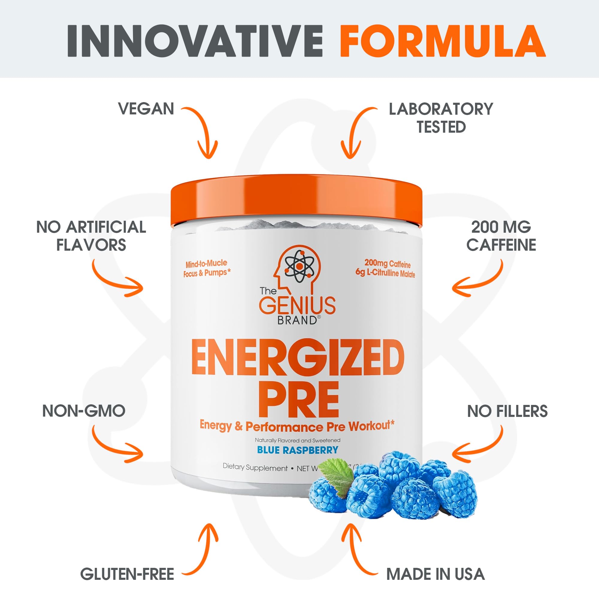 Genius Energized pre-workout scoop resting beside the tub for quick fueling.