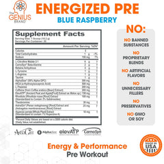 Genius Energized pre-workout tub side view shows 20 servings and ingredients.