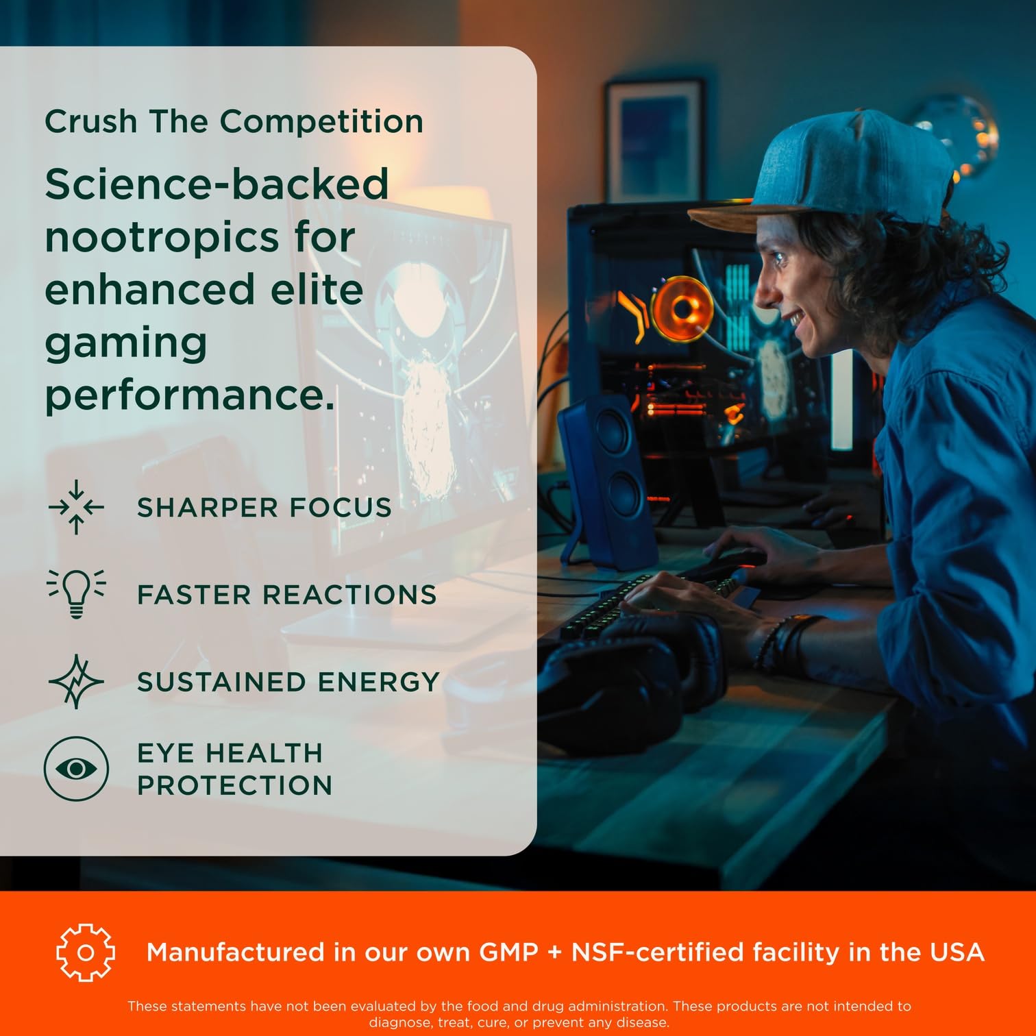Genius Gamer blue-light protection highlights Lutemax shielding eyes during long sessions