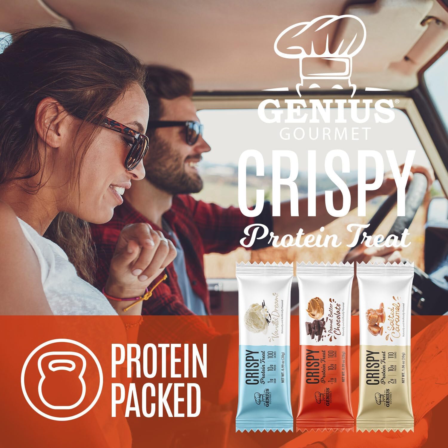 Genius Gourmet Crispy Protein Treat 10-count box shows value and easy portion control.